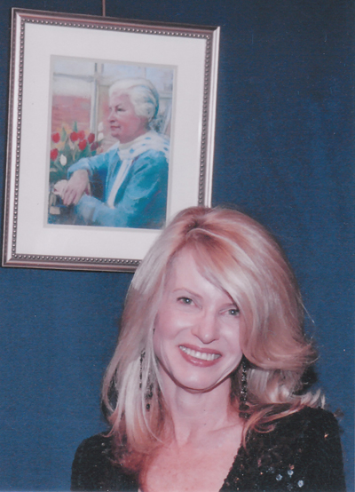 Wendy with portrait of crime author P.D. James